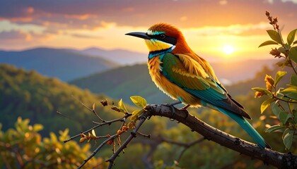 A vibrant kingfisher perches serenely on a branch against a breathtaking sunset over a mountainous landscape.