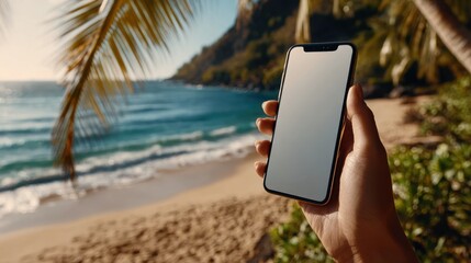 Hand holding a smartphone with a blank screen on a tropical beach, ideal for app mock-ups and travel themes.