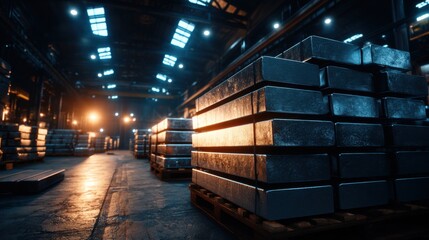 Stacks of aluminum and steel sheets in an industrial warehouse, dramatic lighting highlighting their metallic sheen and texture.