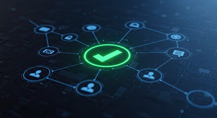 A glowing green checkmark at the center of a digital network diagram, symbolizing approval and connectivity.