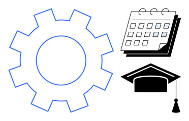 Gear, calendar, and graduation cap highlighting academic planning, time management, and systematic learning. Ideal for education, learning, organization, innovation success achievement simple flat