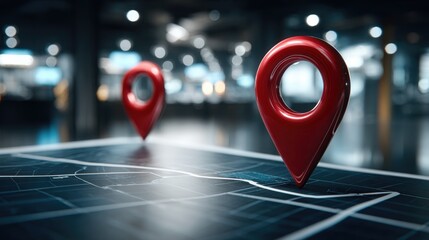 Red location pin on a digital map with a blurred city background, symbolizing navigation and precision in modern urban settings.