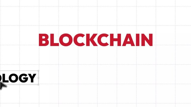 A cursor selects the word Technology and Blockchain on a white grid background, illustrating the concept of blockchain technology 4k animation