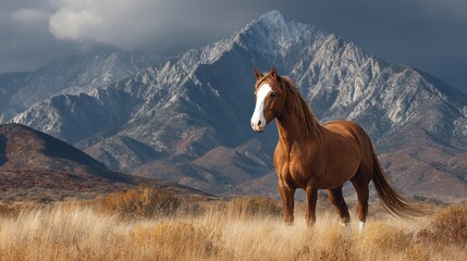 Majestic brown horse standing in golden grasslands with mountains in the background during a dramatic sunset