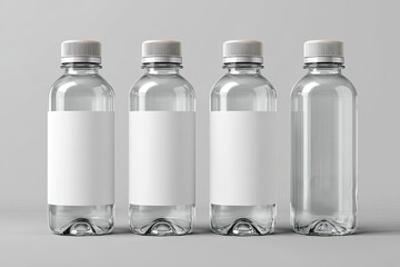 Four clear plastic water bottles, each with a blank white label