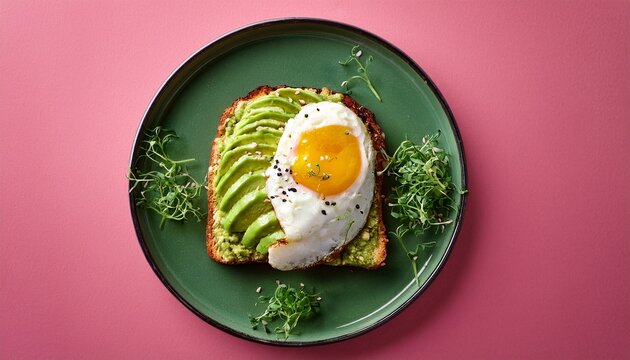 avocado toast with fried egg and greens on pink background