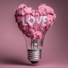 Creative love concept featuring a heart-shaped fluffy texture inside a light bulb on a soft pink background