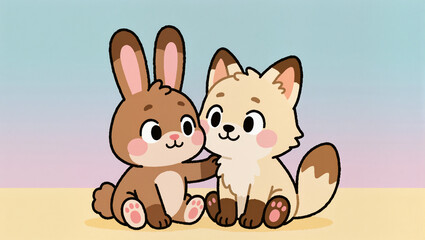 A cute cartoon illustration of a brown rabbit and a beige fox hugging. The friendly, charming, and simple design is set against a soft, gradient background of pastel colors.