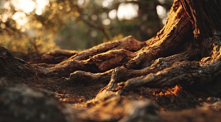Ancient tree roots in golden sunlight