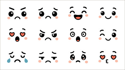 Kawaii cartoon emoji faces expressing various emotions. Cute flat vector emotions for social media, sticker, chat, application.