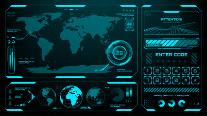 Futuristic head up display (HUD) with global data, loading bar, and numeric keypad for advanced technology. © hiten666