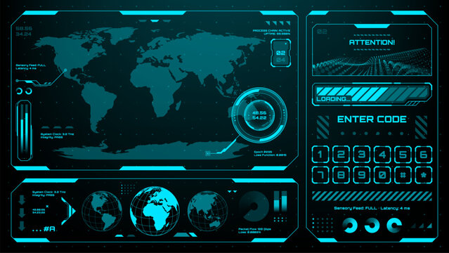 Futuristic head up display (HUD) with global data, loading bar, and numeric keypad for advanced technology.