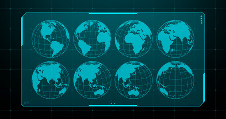 Multiple light blue globe earth icons with grid. Heads up display vector graphics with digital map elements for futuristic design concept.