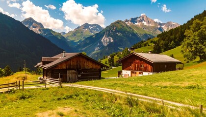 Obraz premium Alpine valley scene with wooden farmhouses