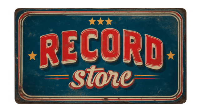 Vintage blue sign with red lettering spelling RECORD store and yellow stars