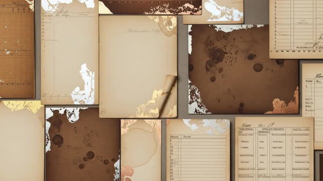 Vintage aged documents and ledgers with metallic foil accents, evoking history and elegance