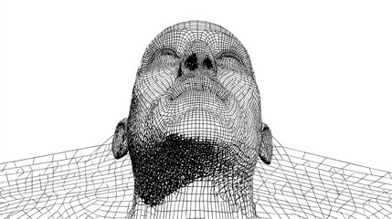 Digital Wireframe Model of a Human Head Looking Upwards Presented on a White Background During a 3D Rendering Session