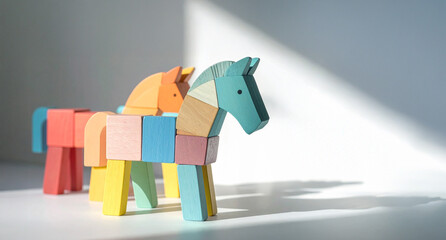Colorful Wooden Toy Horse Made of Building Blocks