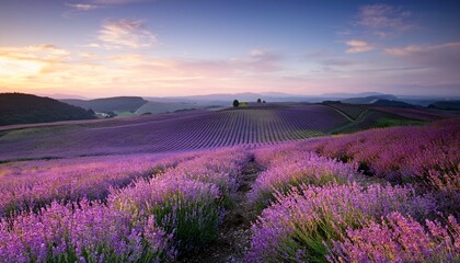 Naklejka premium vibrant lavender field stretches across rolling hills under a soft pastel sky at dusk inviting tranquility and beauty in nature s embrace