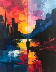 Divided landscape, vibrant hues, solitary figure