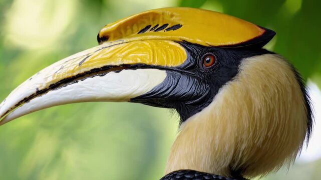 Great hornbill bird with large yellow casque and black markings on head