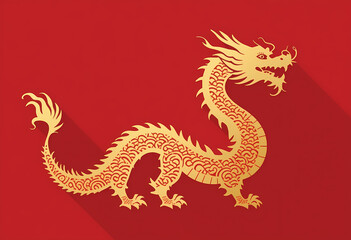 Fototapeta premium Golden Dragon on Red Background – Traditional Chinese New Year Symbol Intricate Mythical Creature Illustration – Festive Lunar Celebration Design 