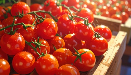Close-up view of fresh, vibrant tomatoes in wooden crates, glistening with water droplets under warm sunlight.