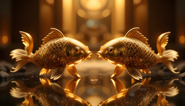 Golden Fish Sculptures on Reflective Surface &ndash; Symbol of Prosperity and Elegance  
Chinese New Year Still Life &ndash; Ornamental Pair with Warm Lighting and Symmetry  
