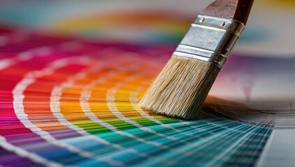 A paintbrush hovers over a colorful color chart