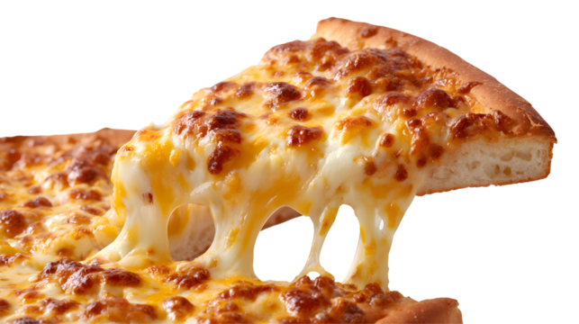 Lifting a slice of Quattro Formaggi (Four Cheese Pizza), creating a spectacular, gooey cheese pull. A rich and indulgent white pizza. Action shot.