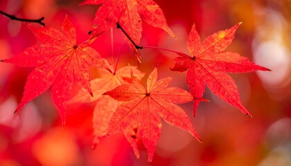 Red maple leaves gleam in sunlight, intricate veins visible. Bokeh blurs the background