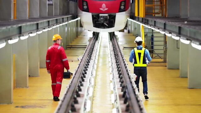 Railway Transportation Inspector With Engineer Checking and Maintaining part of train in station. engineers for electric trains use searchlights to locate and check condition under sections.