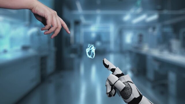 Robot and human reaching hand and pointing finger with heart holographic floating. Close up of robot hand and human working together while pointing finger at blurred laboratory background. Salubrious.