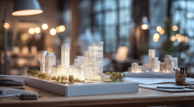 Architectural model of a city, illuminated, on a desk