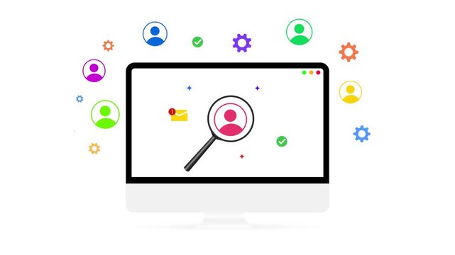 Screen displaying a magnifying glass over a user profile, surrounded by user icons and settings gears, Online user identification and management, 4k animation, Hiring and recruiting process