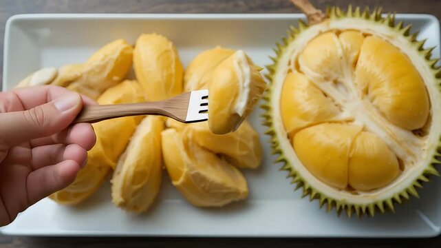 Hand holding a delicious durian seed on a wooden fork	
