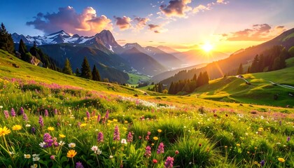 Fototapeta premium Colorful mountain meadow at sunset
