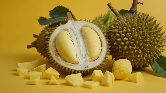Whole and cut durian fruit with cut pieces on a yellow background	