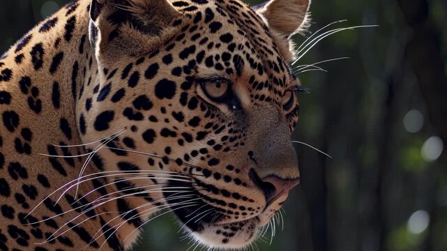 Closeup profile of a leopards face with distinctive spotted coat