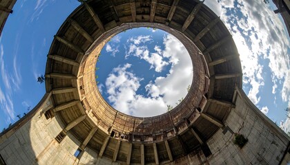 A captivating, circular view up through the decaying, weathered interior of an aged cooling tower, revealing a vast expanse of a vibrant blue sky dotted with fluffy white clouds.