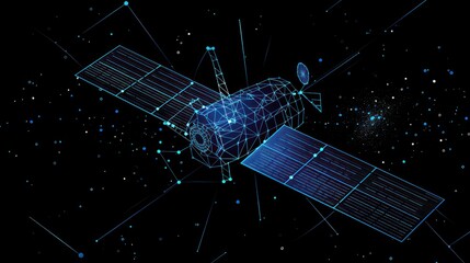 A stylized, low-poly satellite in orbit against a starry background.