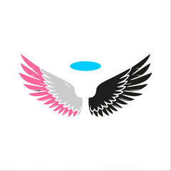 Obraz premium Vector art of stylized black, pink, and gray wings with halo, abstract angel graphic design