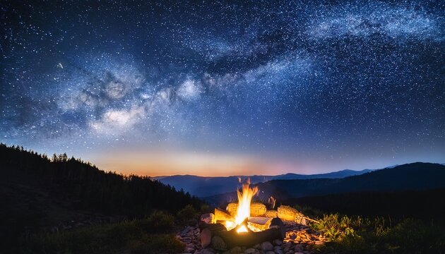 majestic night sky wallpaper campfire under the milky way galaxy and full moon stunning nature landscape - Powered by Adobe