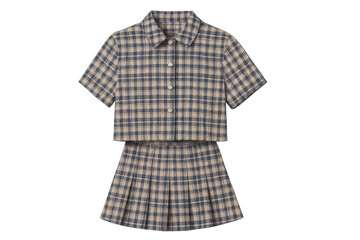 Obraz premium Stylish checkered shirt and skirt set isolated on transparent background, perfect for fashion projects or showcasing designs