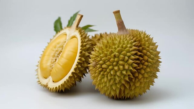 Whole and cut durian fruit and leaves on a white background	