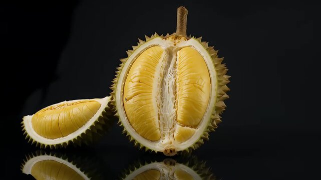 A sliced durian fruit on a black reflective background	