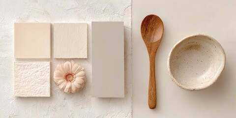 Beige and cream color swatches, a wooden spoon, and a bowl on a textured surface