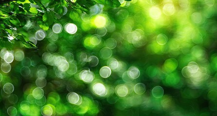 Fototapeta premium Blurred green foliage, bokeh effect. Sunlight filters through leaves