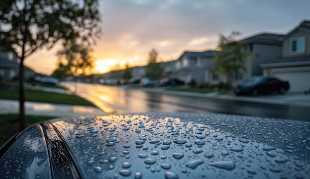 Rain-drenched suburban street at sunset. Close-up of water droplets on a car roof, with blurred houses and trees in the background
