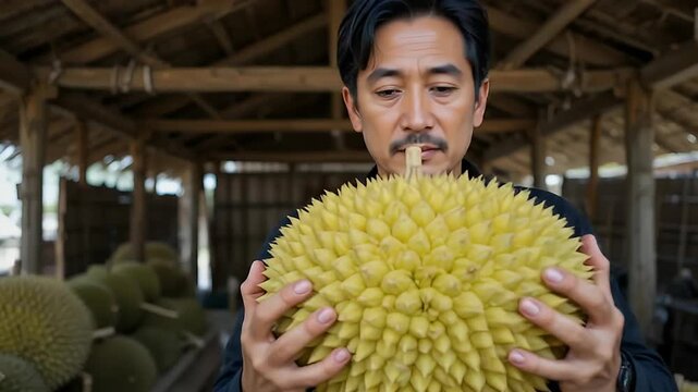 A farmer holding a large durian fruit in his hands	